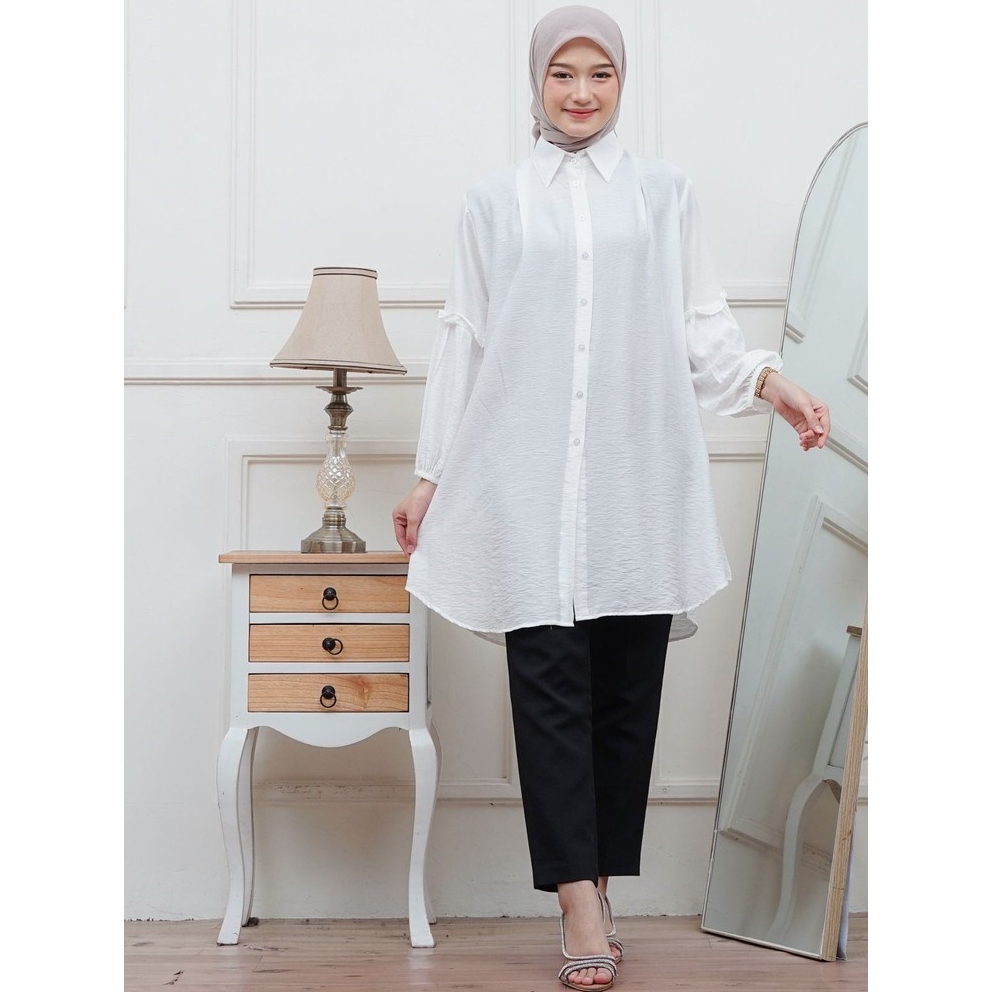 Atasan Tunik Wanita Kekinian Lengan Kerut/Kemeja Tunik Polo Linen LD 110/Bluse Lengan Panjang Wanita