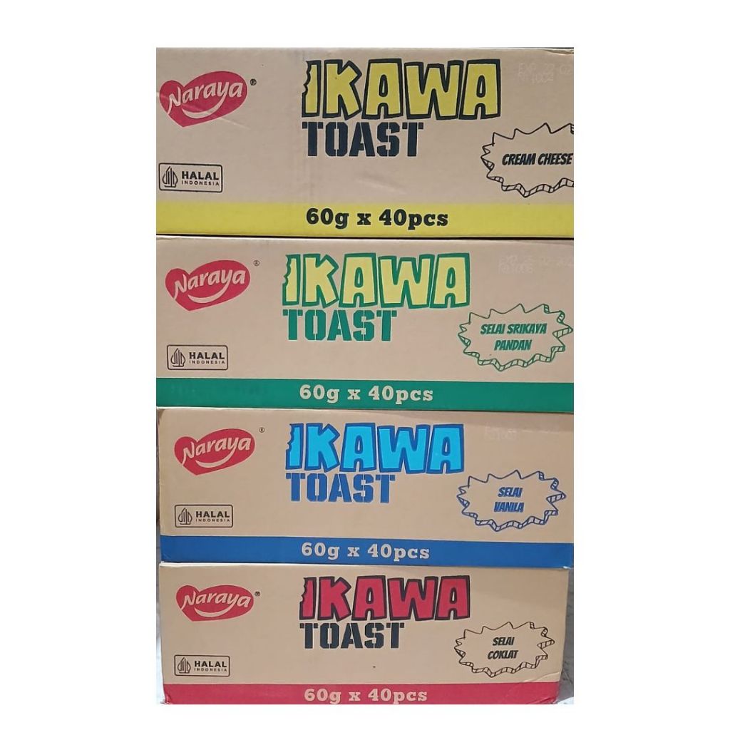 

1 DUS Naraya Ikawa Toast 60gr x 40pcs/dus Roti Panggang isi Selai Coklat / Vanilla / Keju / Srikaya Pandan