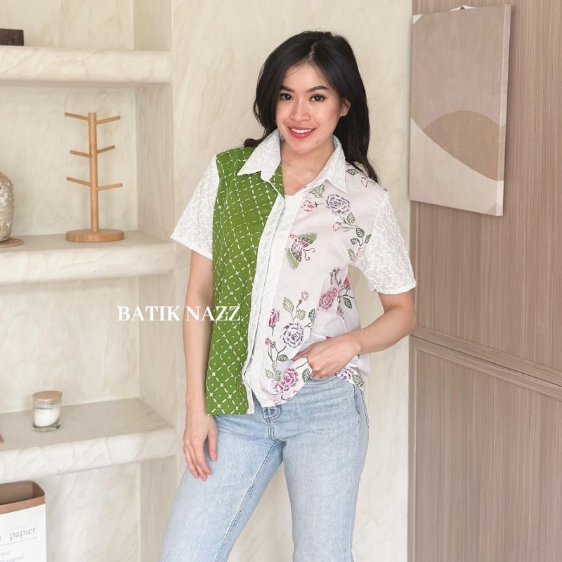 Batik Nazz Blouse Kemeja Batik Kerja Kantoran Wanita Modern Kombinasi Katun Bordir - Calya blouse