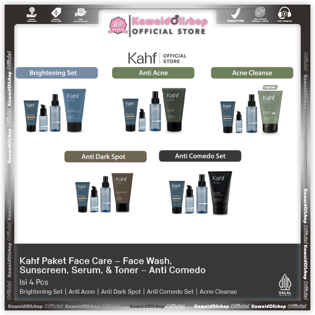 Kahf Paket Face Care Isi 4pcs - Face Wash, Sunscreen, Serum, & Toner