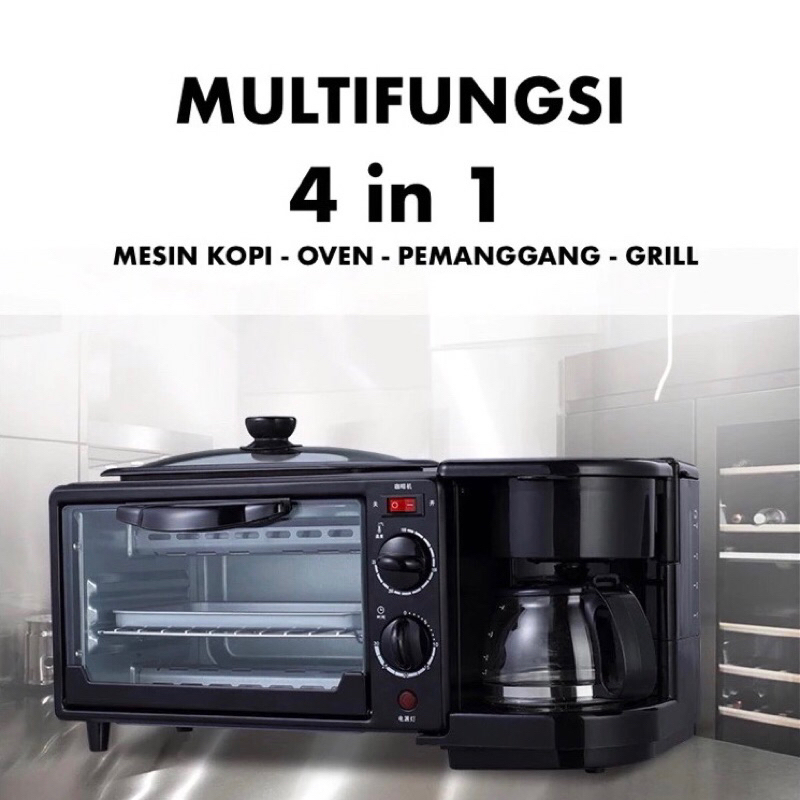 Multifungsi Breakfast Maker Mesin kopi Oven Listrik 4 in 1 9L Electric Grill Panci BBQ Low Watt Toas