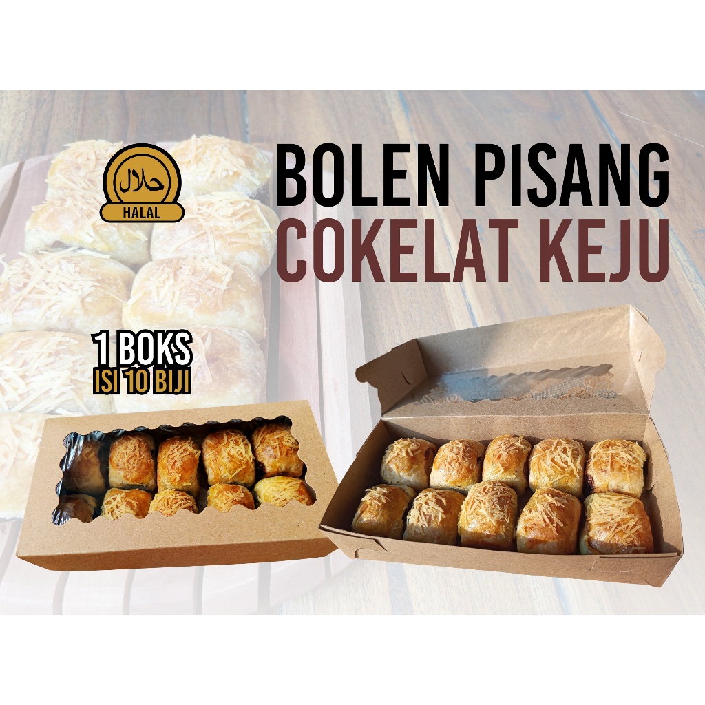 

BOLEN PISANG COKELAT KEJU, 1 BOKS ISI 10 KUE. Kue lezat dan bergizi yang terbuat dari bahan utama tepung terigu, telur, susu, margarin, pisang, cokelat, dan keju, dengan racikan rasa yang menggugah selera.