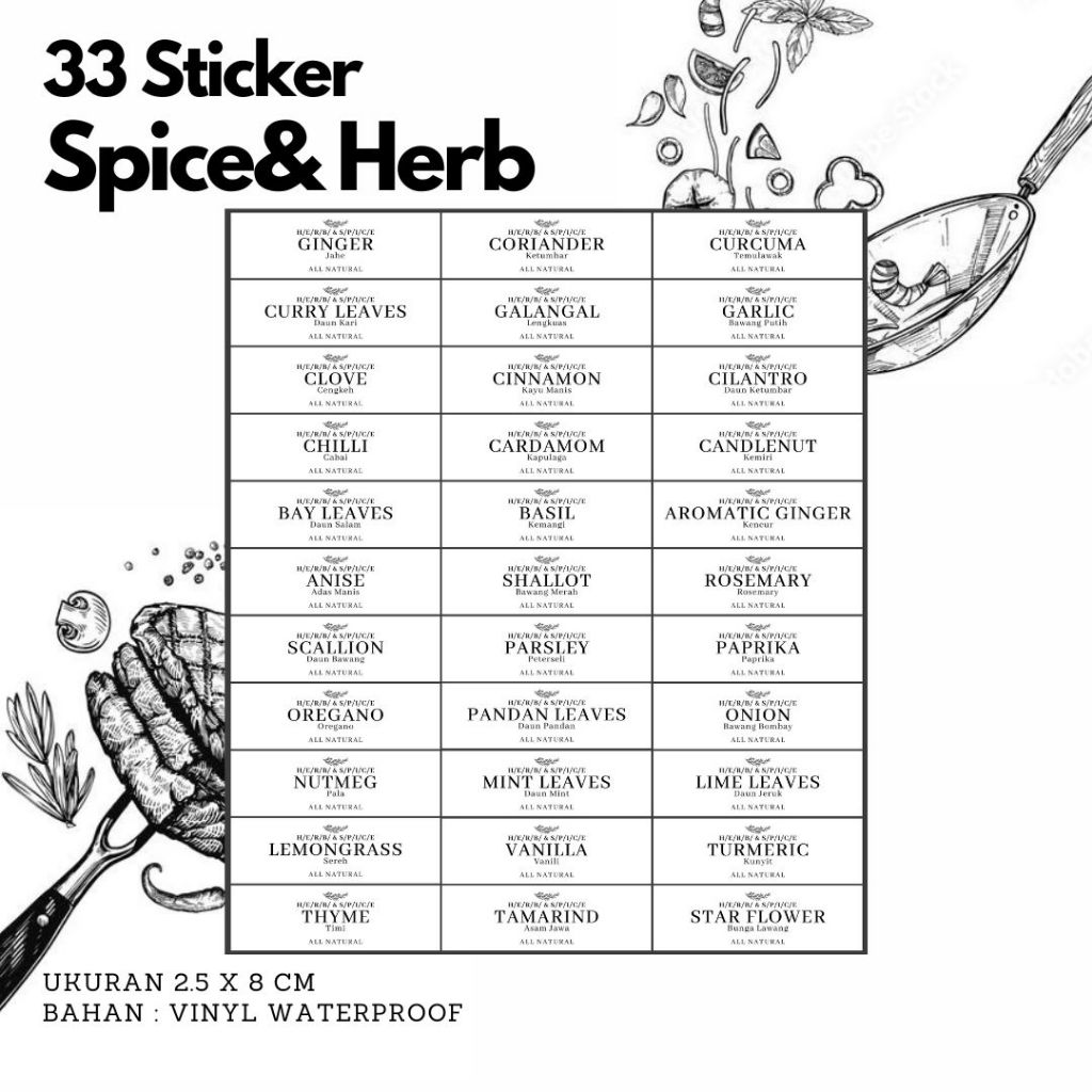 

Stiker Bumbu Dapur / Spices & Herbs , Vinyl Doff Waterproof, 33 pcs/set, ukuran 2,5x8 cm