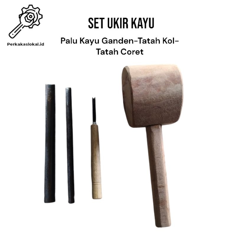 SET Pahat Ukir Tatah Lengkung/Kol-Tatah Coret V-Palu Kayu Ganden