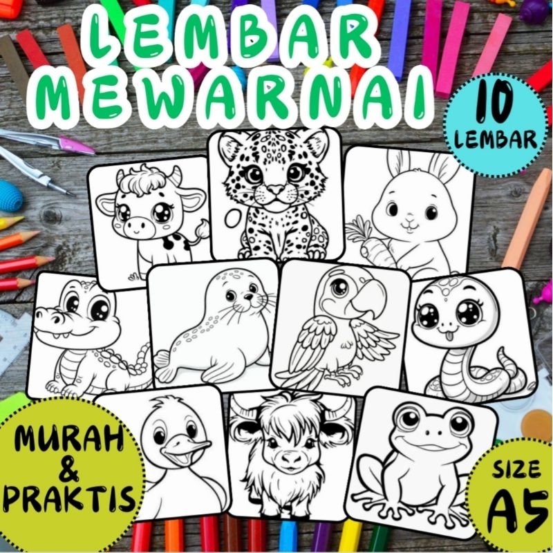 

lembar mewarnai anak kertas A5, kertas mewarnai tema hewan