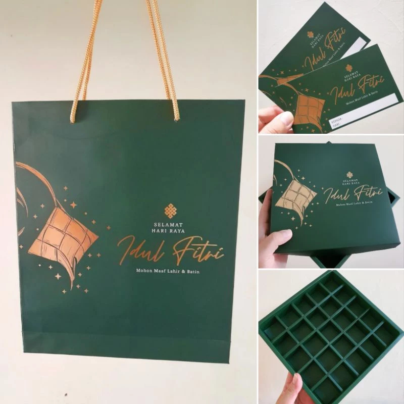 

( 5 pcs ) paket paperbag dan dus edisi idul fitri kemasan kue kering bingkisan hampers eid mubarak Ukuran 21.5 x 21.5 cm x 3.5cm