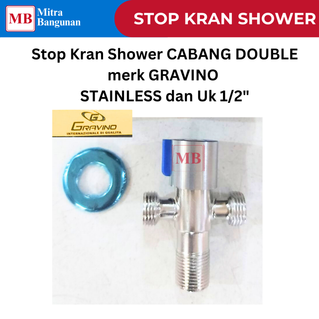 GRAVINO STOP KRAN SHOWER CABANG DOUBLE 1/2" STAINLESS ANTI KARAT TANAM DINDING