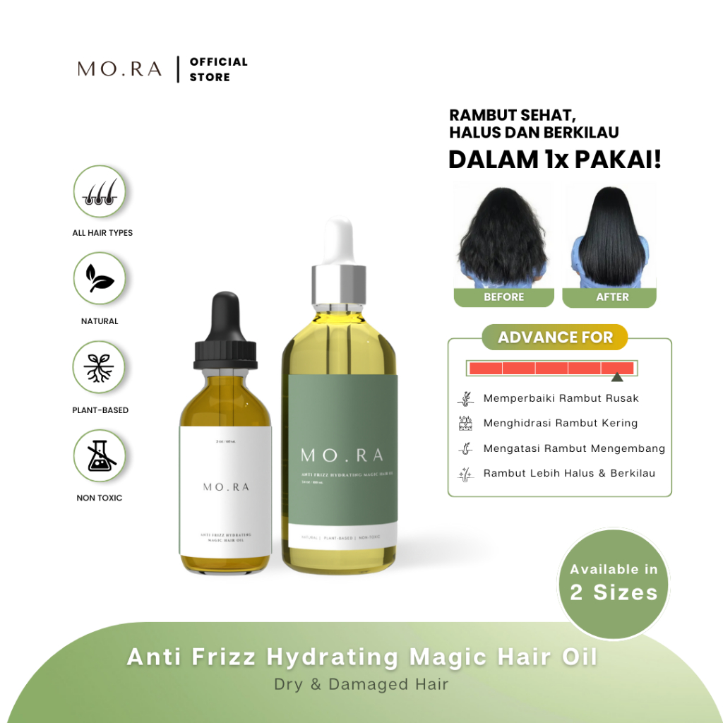 (MO.RA / MORA) ANTI FRIZZ HYDRATING MAGIC HAIR OIL / VEGAN HAIR OIL/ RAMBUT RUSAK / RAMBUT KERING / 