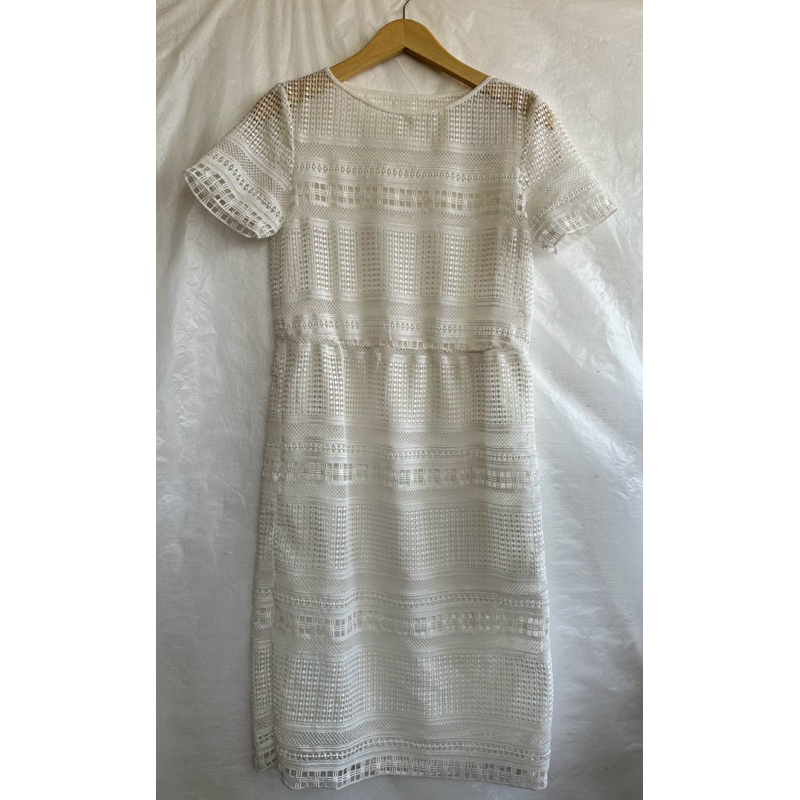 midi dress putih, model rajut + inner