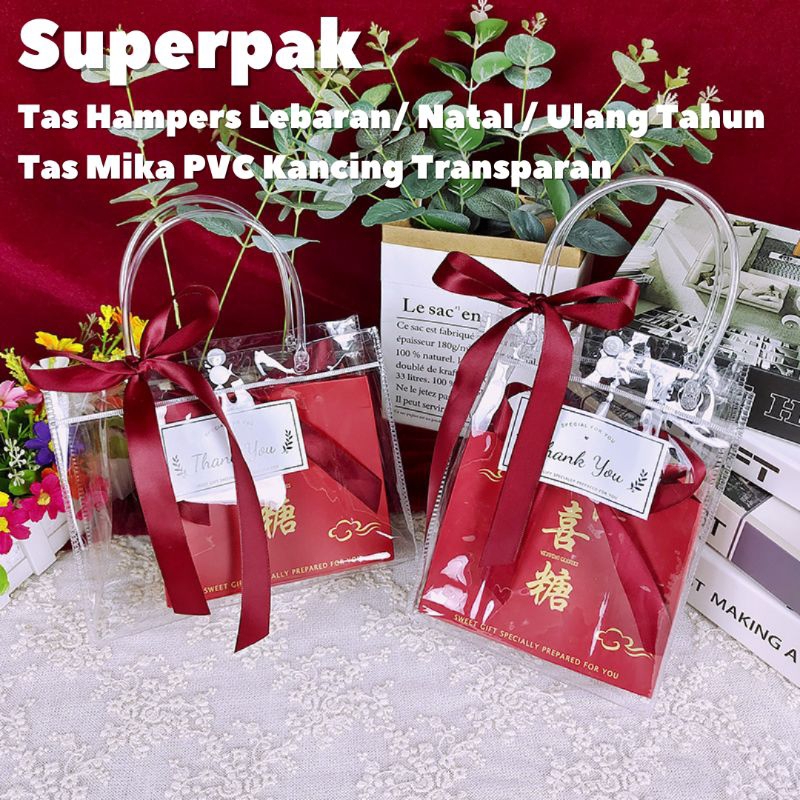 

[Harga 10pcs] Tas Souvenir Hampers 20x10x28 Goodie Bag Ulang Tahun Lebaran Imlek Natal / Tas Mika Kancing PVC Bening Transparan