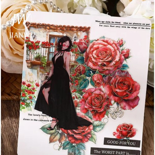 

4 Lembar Hologram Gold Flower IN BLOOM SERIES Sticker Waterproof Roses Vintage Gwiyeo - FLAME RED