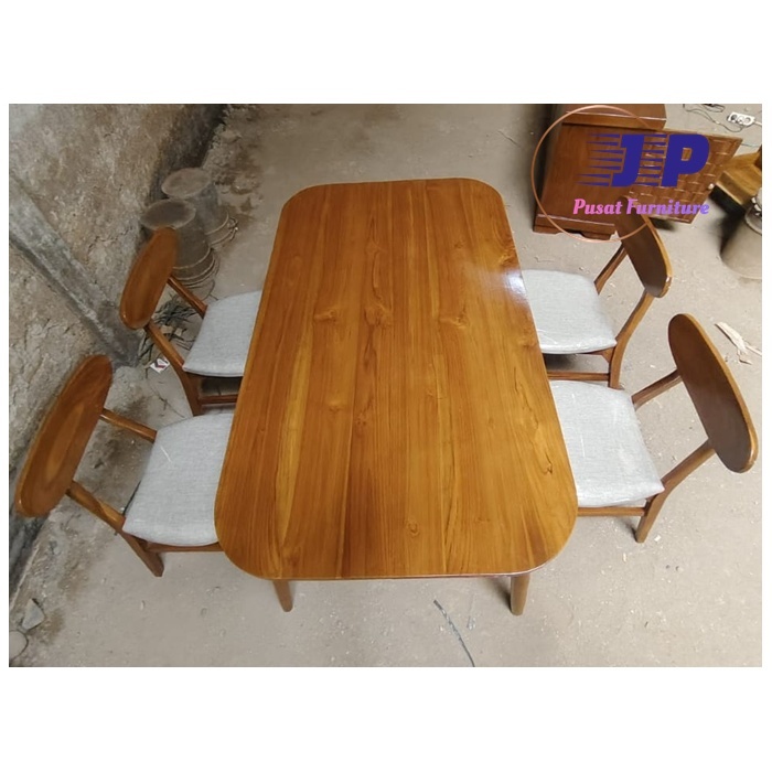 Dinning set top meja makan minimalis 4 kursi modern kayu jati - meja oval