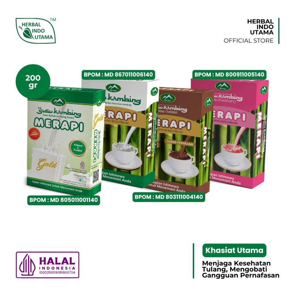 

HIU - Susu Kambing Merapi Susu Bubuk Kambing Gold, Original, Coklat dan Strawbery, Herbal Indo Utama