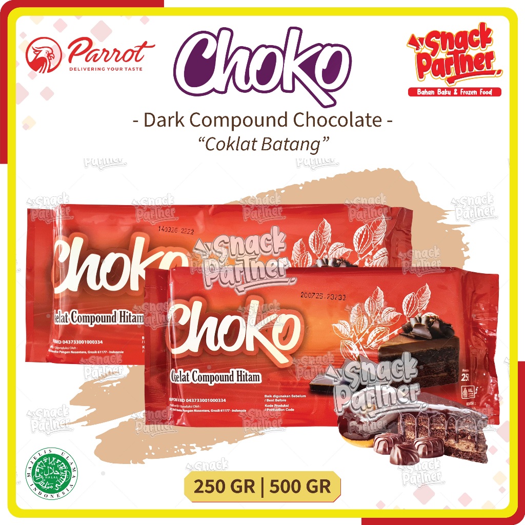 

CHOKO Dark Chocolate Compound 250 / 500 GR by Parrot - Coklat Choco Batang Leleh Hitam DCC - Banjarmasin 250GR 2500GR