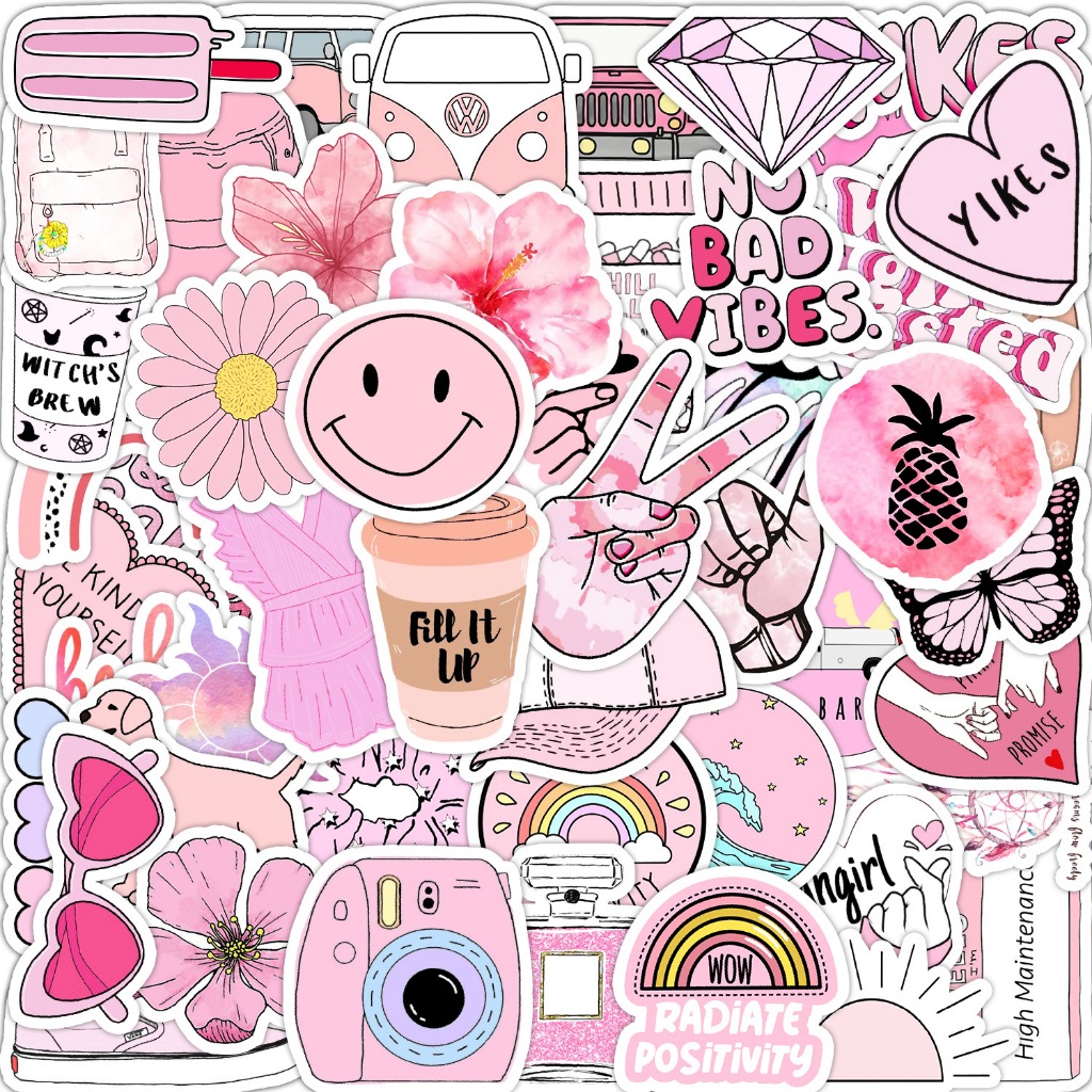 

50 pcs Stickers Random Pink for laptop, hp, suitcase, book, helmet etc | Stiker Cute| Kawaii | Dekorasi