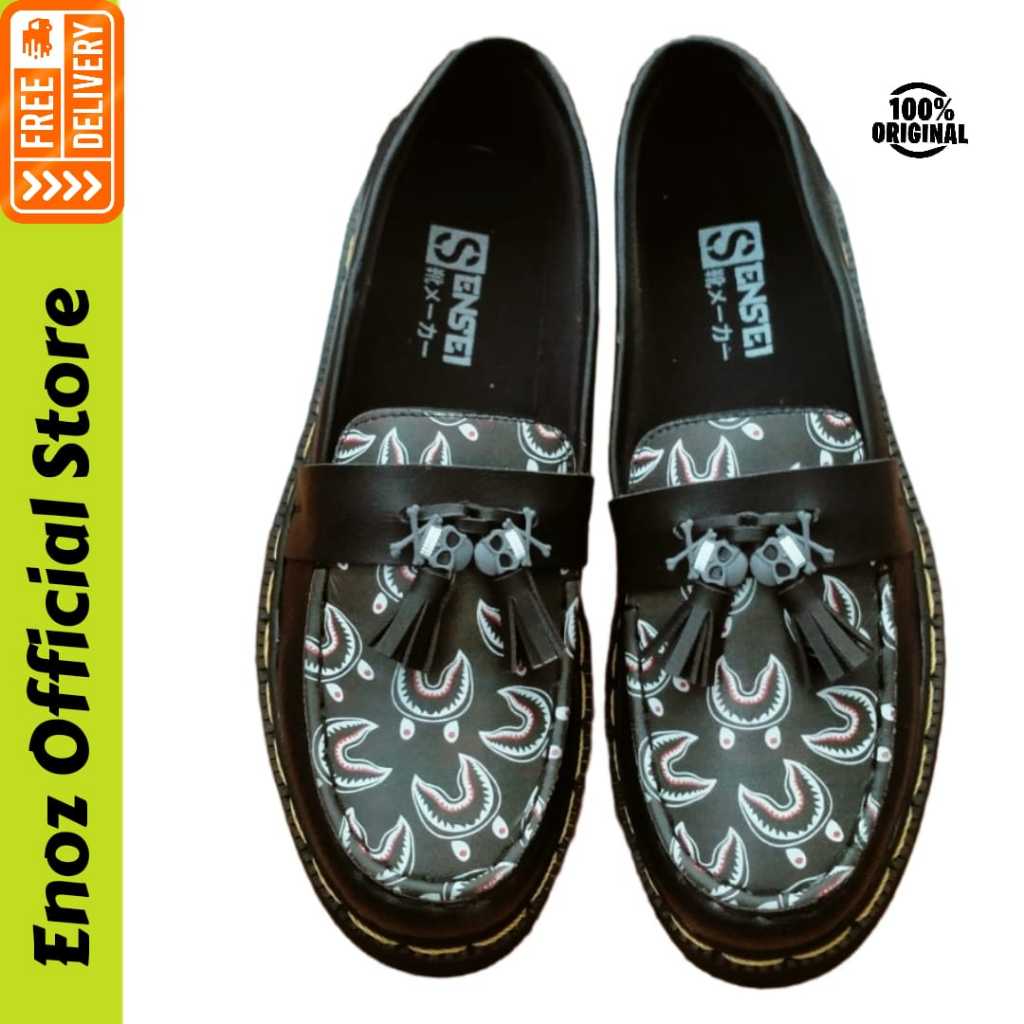 Sepatu Slip On Loafers Pria Formal Casual Kulit Hitam Custom Pantofeal Docmart Skull Punk Head Bones