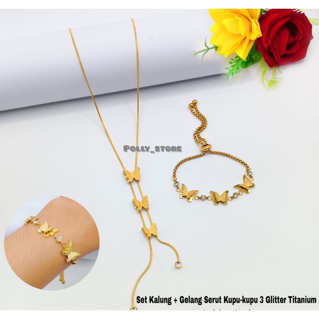 Set Kalung + Gelang Serut Titanium Stainless Steel Anti Karat