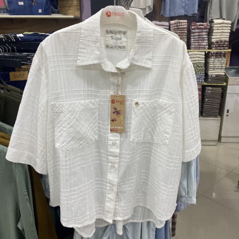 TRISET KEMEJA CROP TOP PREMIUM WARNA PUTIH DAN SOFT GREEN CANTIK