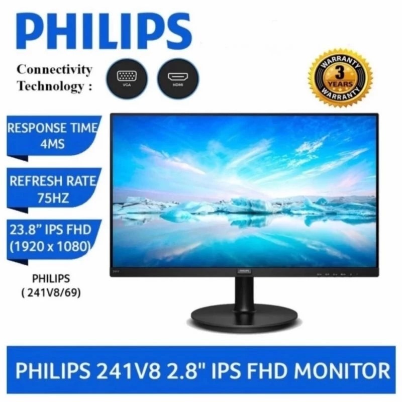 Monitor Led Philips 24" 241V8b Full hd 75hz vga hdmi