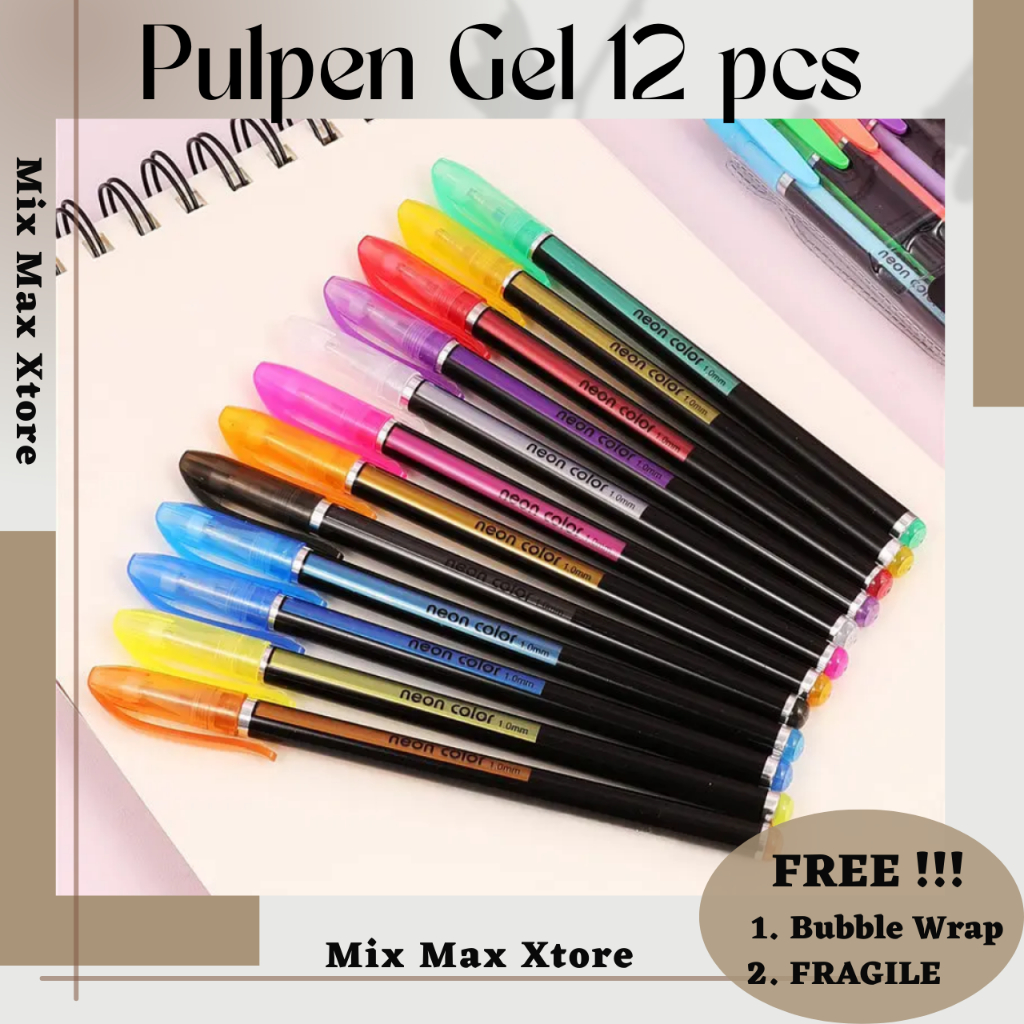 

Pena Pulpen Warna Gel Pen Glitter Neon Color 1.0 12 PCS - Multi-Color