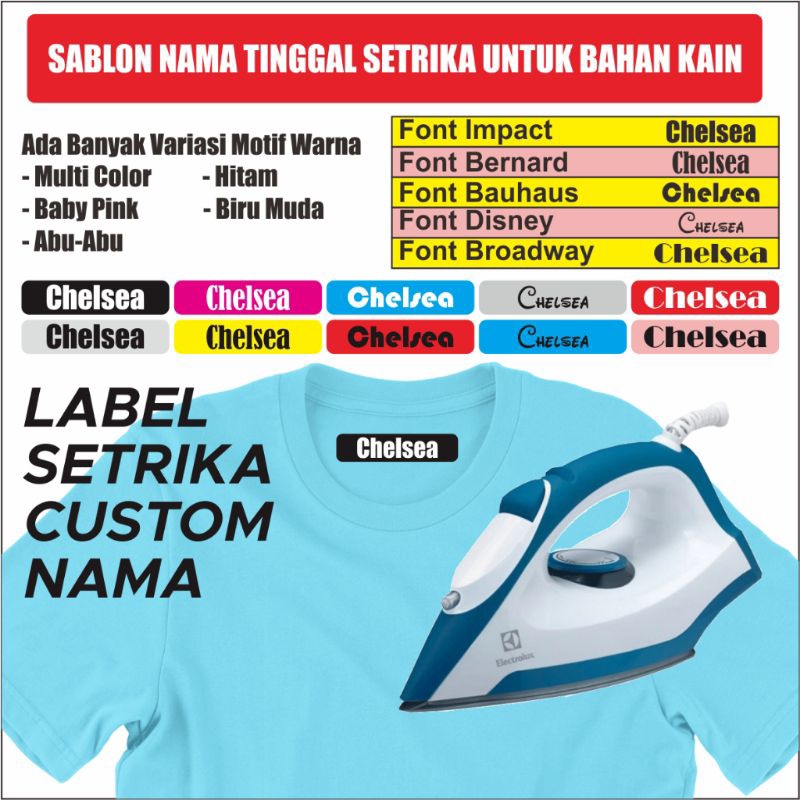 

Sticker Nama Label Printing Kain / kaos Sablon Setrika Isi 50pcs Gratis Custom Nama (Bukan Bordir tapi Label DTF Bisa Ditempel pakai Setrika)