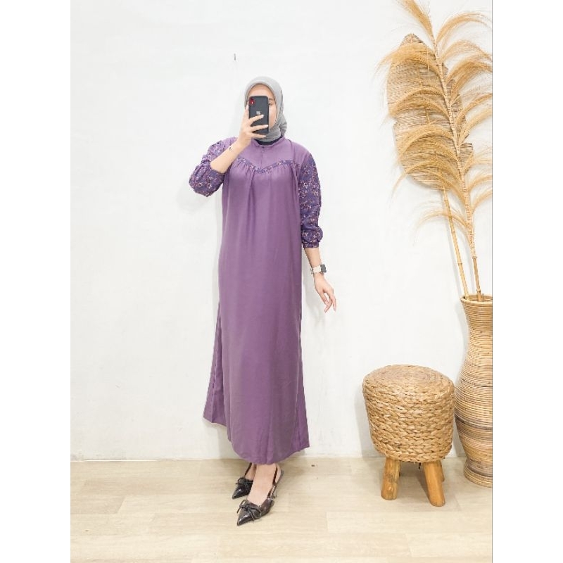 MIDI DRESS RAYON TWILL KOMBINASI LENGAN MOTIF | DRESS LENGAN MOTIF