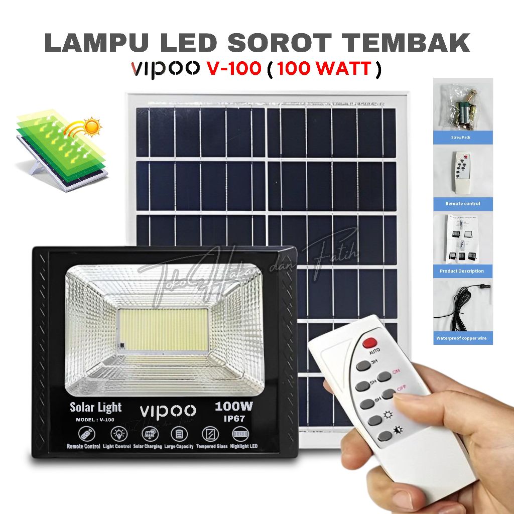 [COD] New Lampu Sorot Solar Cell 100 Watt Lampu Led Tenaga Matahari Vipoo V-100 / Lampu Panel Surya 