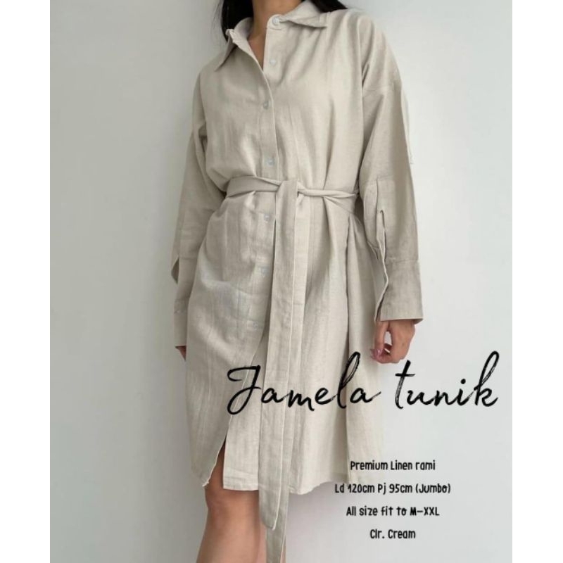 SIMIFASHION lusia tunik long shirt (kemeja dress) bahan linen premium ukuran JUMBO