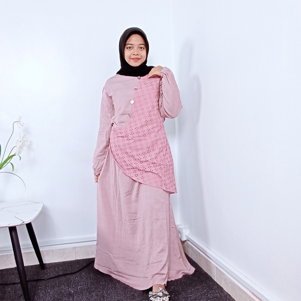 Gamis Hitam Shakila Polos Mix Brokat Lace Pinggang Nafisa | Dress Muslimah Elegan Kekinian