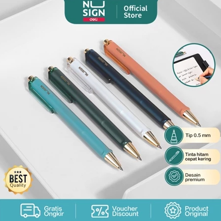 

Deli Nusign Gel Pen Retractable 0.5mm Tinta Hitam dengan Klip, Untuk Penulisan Halus NS557