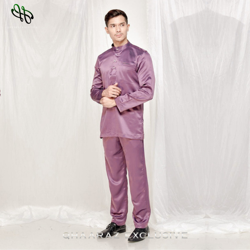 Zaffen Setelan Baju Koko Muslim Melayu Pria Modern Bahan Satin Velvet Satu Set Pakaian Kurta Cekak M
