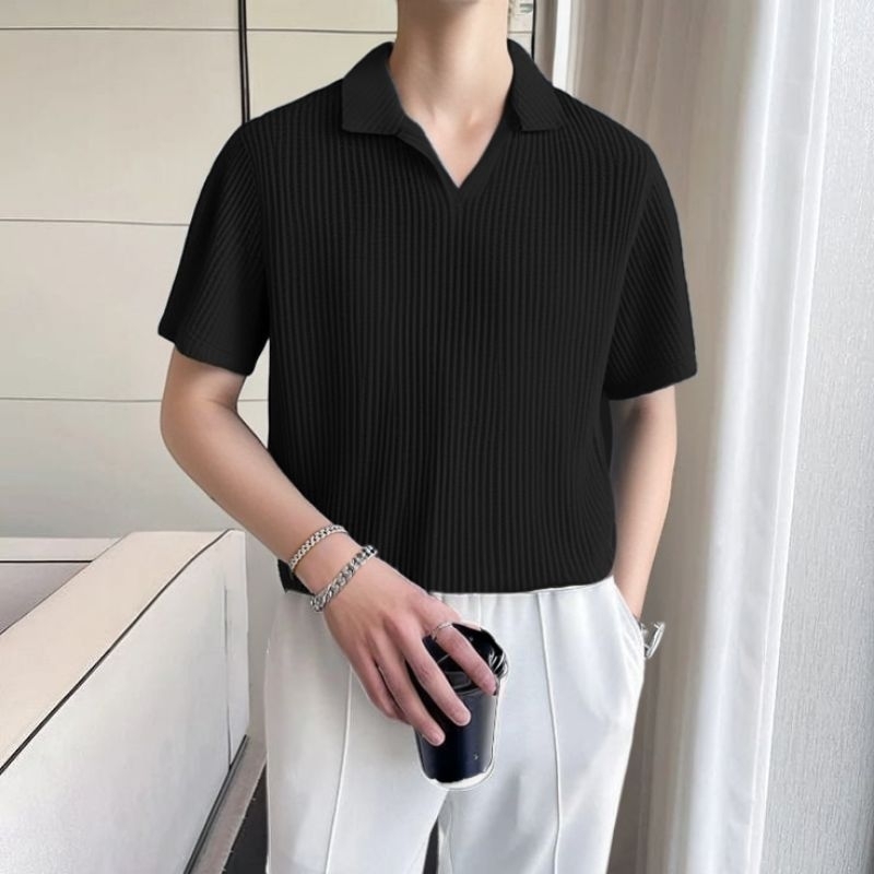 Kaos polo knit lengan pendek pria V-neck waffle premium baju distro terbaru Kerah Cowok Dewasa
