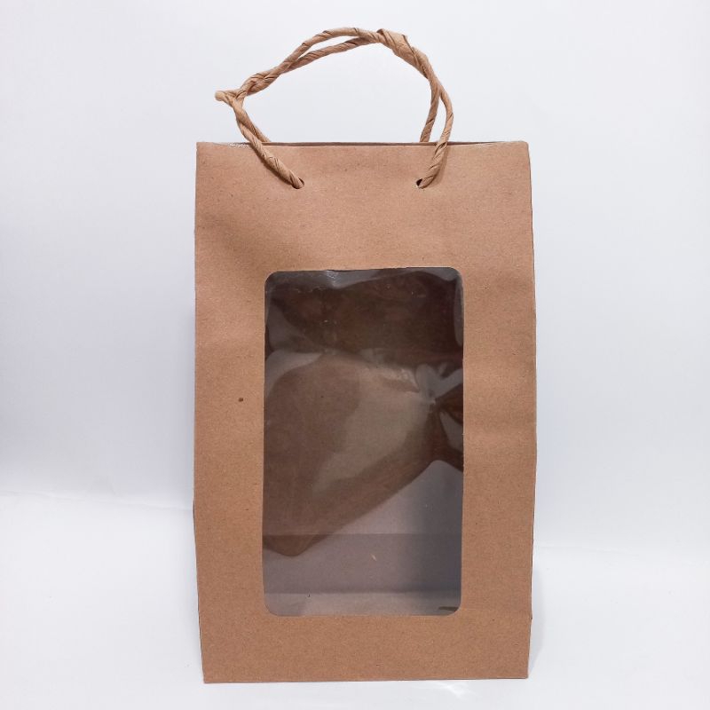 

paper bag coklat || paper bag souvenir ulang tahun/pernikahan || paper bag packaging/kemasan || tas kertas wafer mika/window 15x8x25