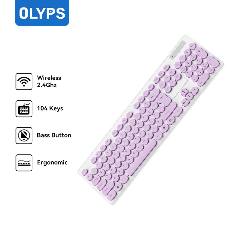 OLYPS Keyboard Wireless 2.4Ghz Portable USB Keyboard 104 Key Tuts Bula Macarons untuk PC Laptop