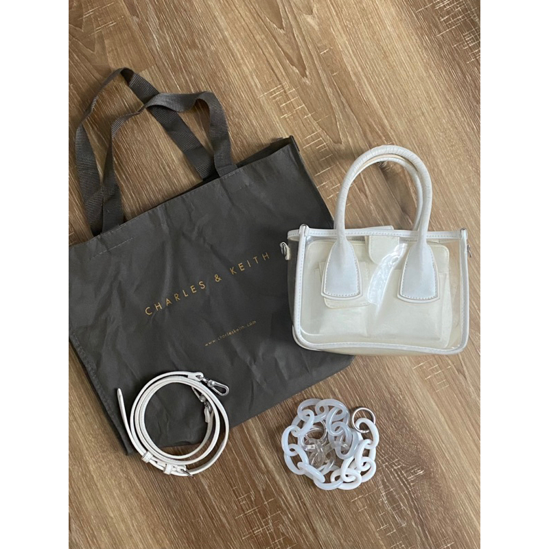 [second] tas charles & keith original see through white sling bag - putih
