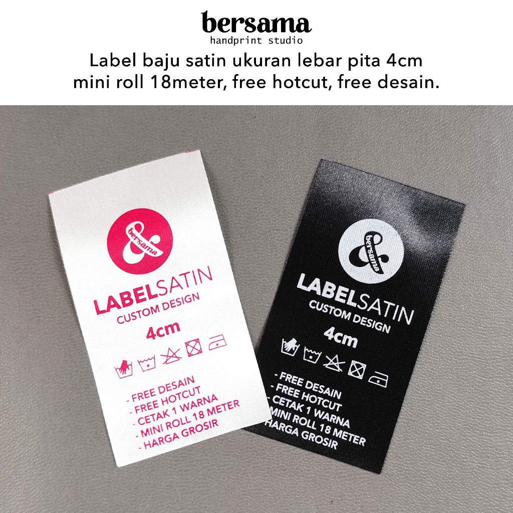 

Label baju bahan satin, ukuran 4cm custom desain, free hotcut
