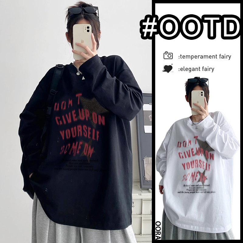 OORA Kaos Wanita Hitam Oversize Lengan Panjang Retro star print T-shirt Long Sleeve Cotton Premium/K