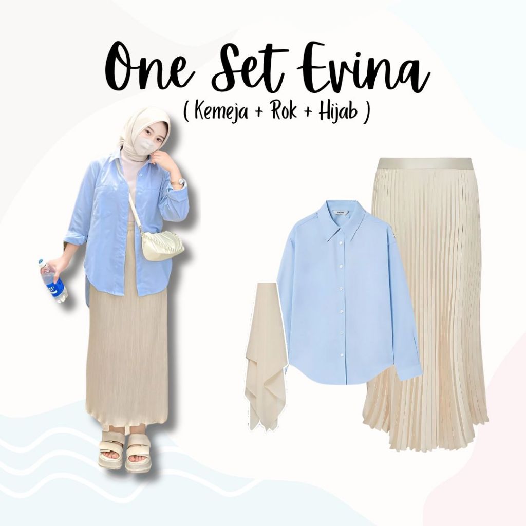One Set 3in1 Kemeja Biru Rok Plisket Hijab Bella Square | outfit hangout SK54