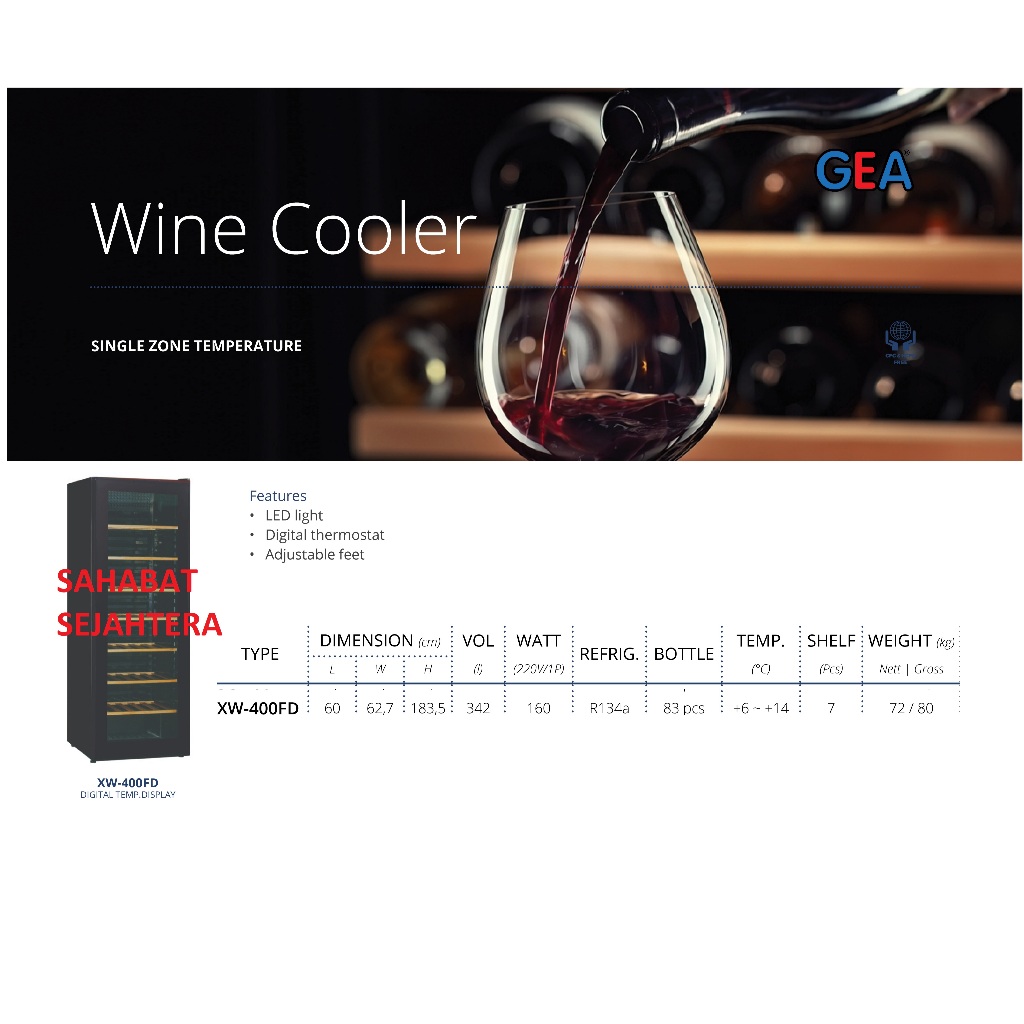 GEA Wine Cooler Single Temperature XW-400FD Kulkas Pendingin Penyimpan Wine
