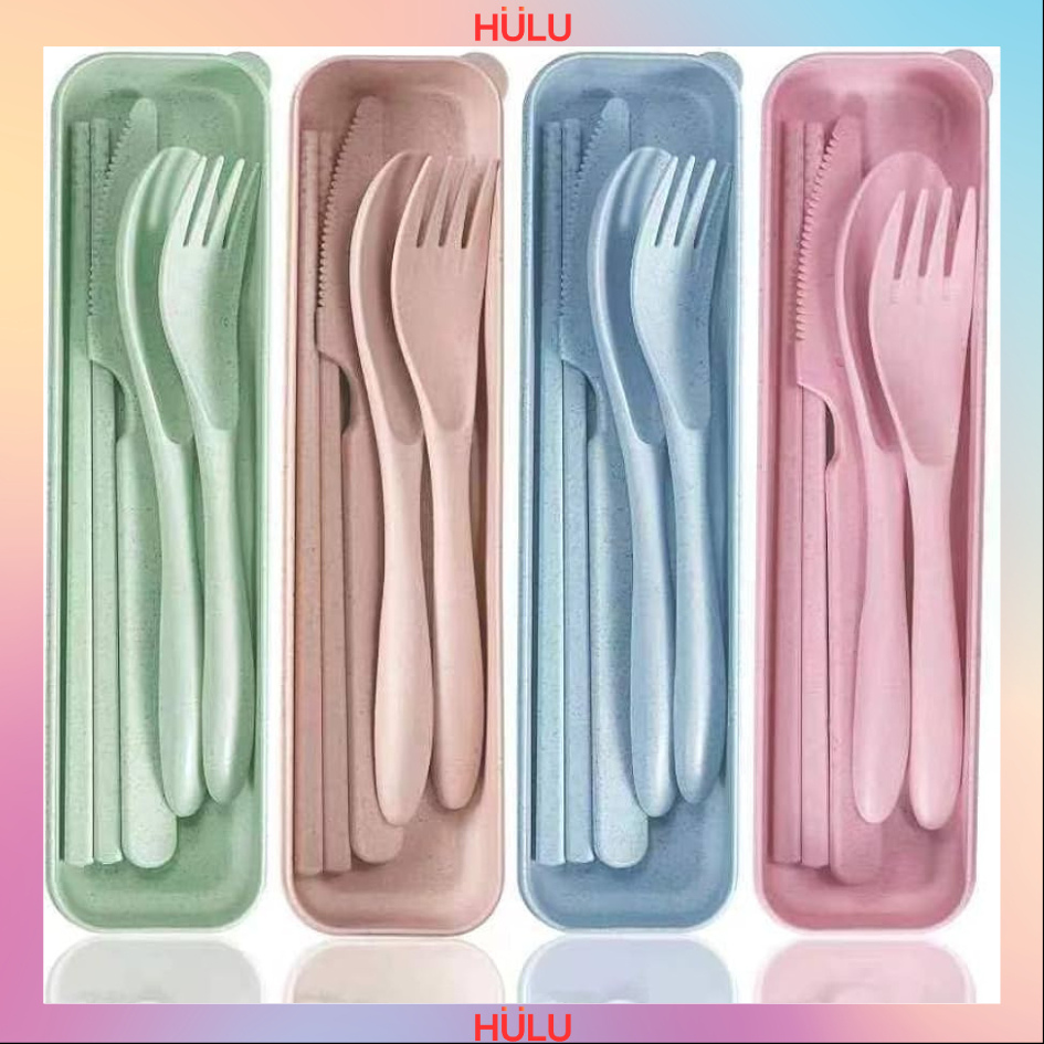 Sendok Garpu Sumpit Set  Jerami Set Sendok Alat Makan Travel Portable Bahan Stainless