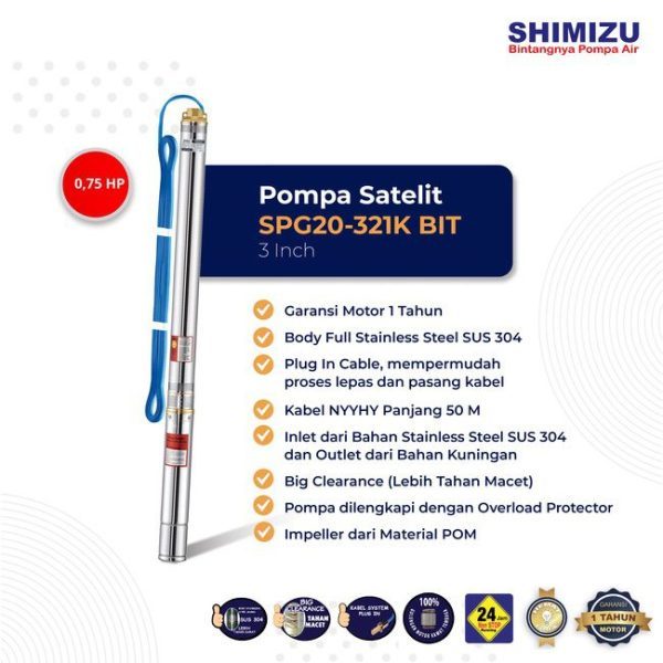 Pompa Celup Sumur 3/4 HP Shimizu Submersible Pump 3” SPG20-321K BIT dengan Kabel 50 meter Pompa Sate