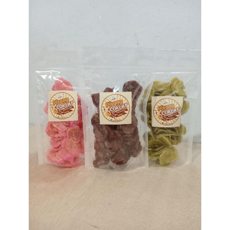 

KERIPIK PISANG COKLAT LUMER RASA COKLAT,MACHA,STROBERI,KEMASAN STANDING POUCH BERAT BERSIH 85 GRAM