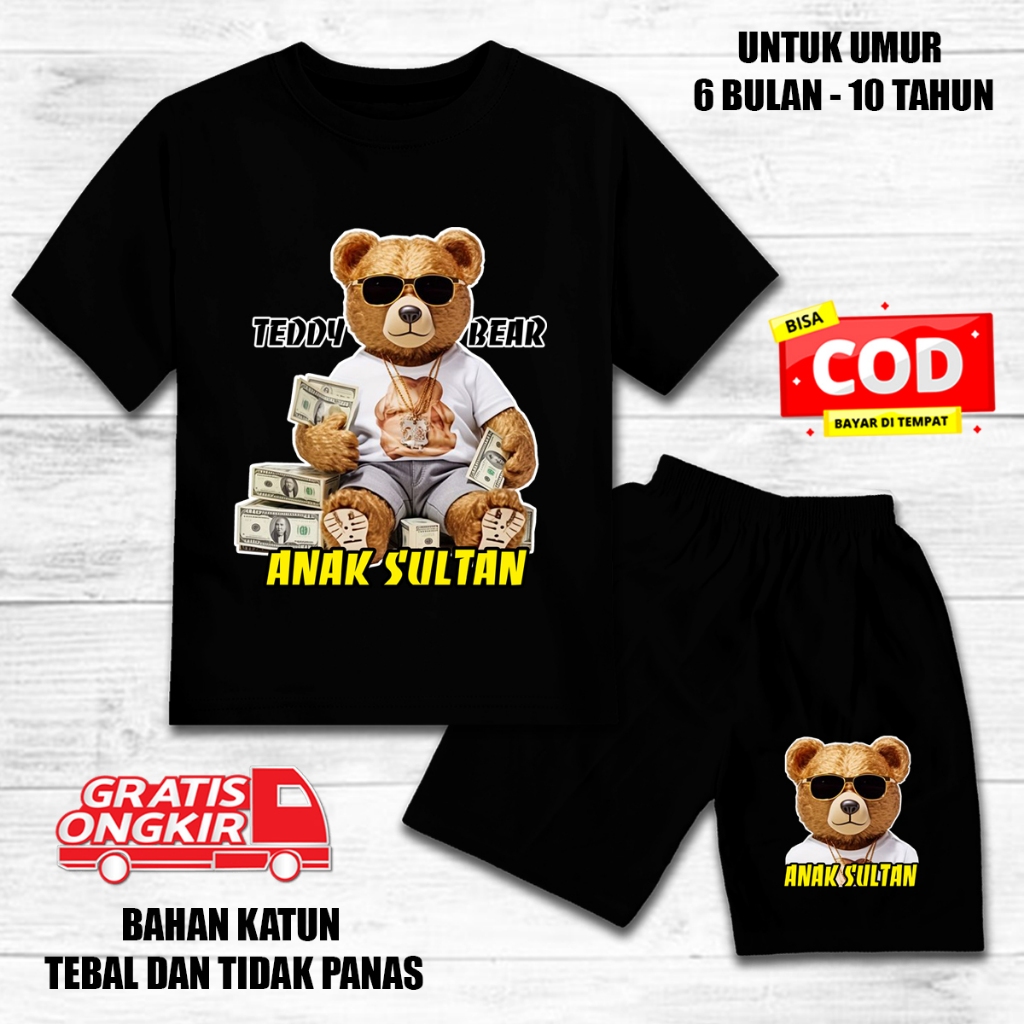 Setelan anak laki laki perempuan lengan pendek set baju kaos pendek anak katun beruang anak sultan