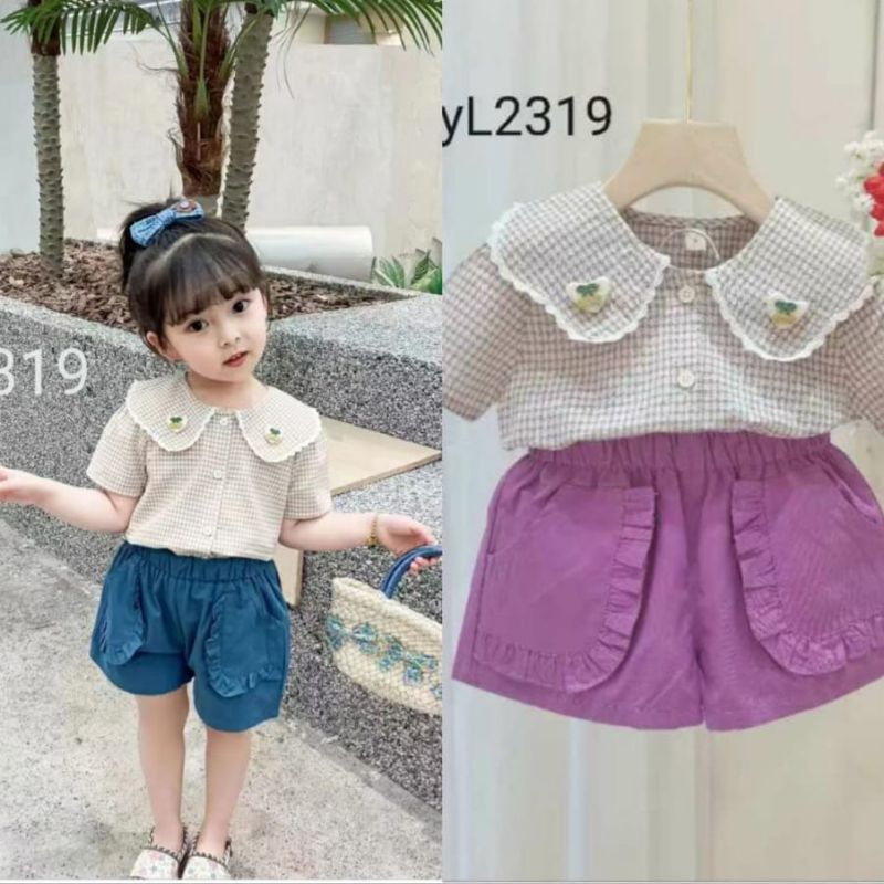 Baju Anak Perempuan Setelan Import Model Korea Kotak-kotak Bunga Rempel