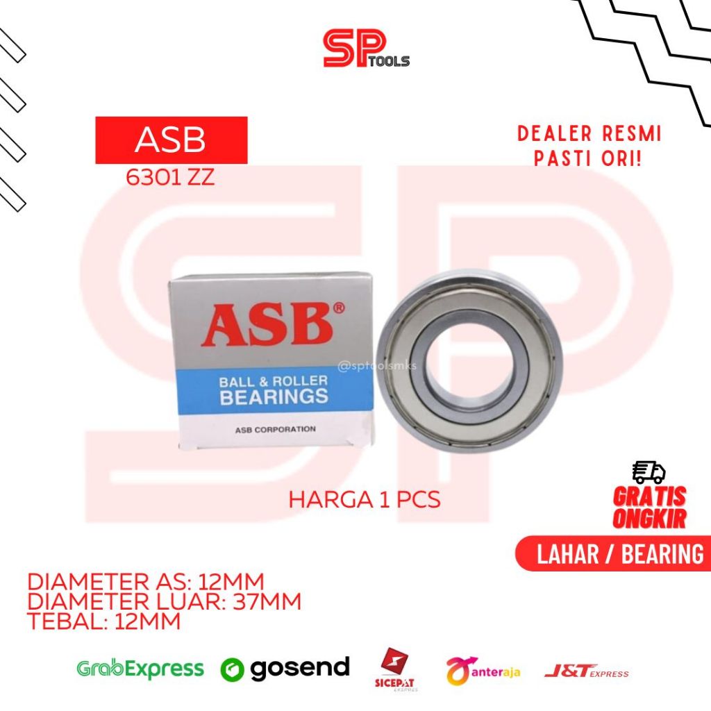 LAHAR / BEARING ASB 6301ZZ 6301 ZZ TUTUP BESI 12MM X 37MM x 12MM