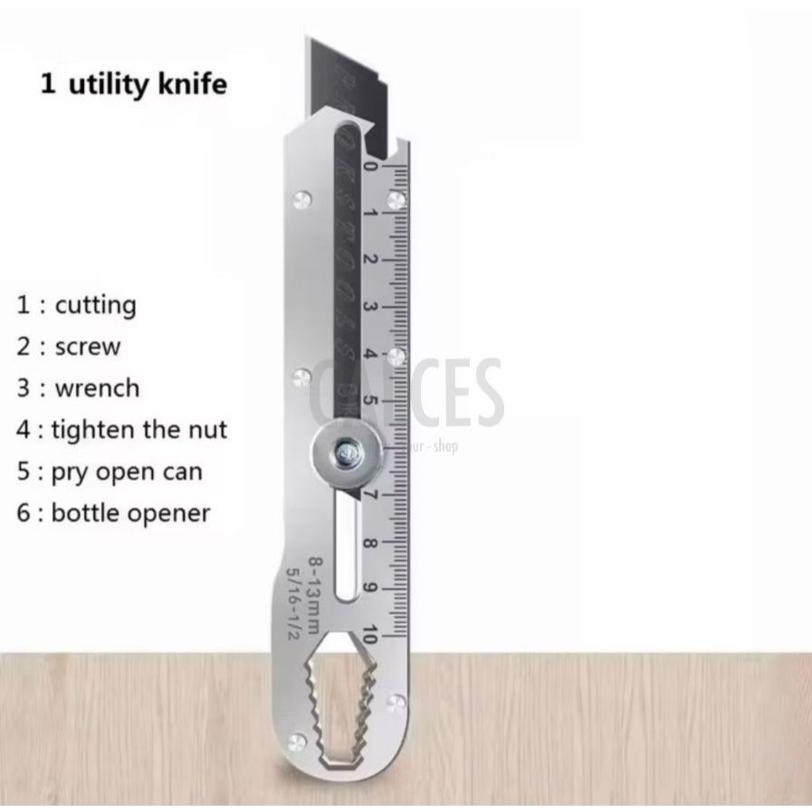 

[CALCES] Cutter Stainless 9in1 | Cutter Multifungsi Pembuka Tutup Botol Penggaris Kater Tajam | Pisau Cutter