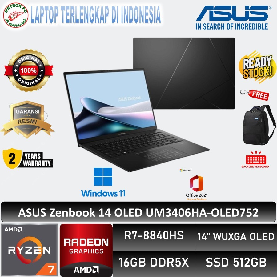 Asus Zenbook 14 OLED UM3406HA-OLED752 /AMD Ryzen 7-8840HS/16GB/512GB SSD/14″ WUXGA OLED/Win 11 Home/