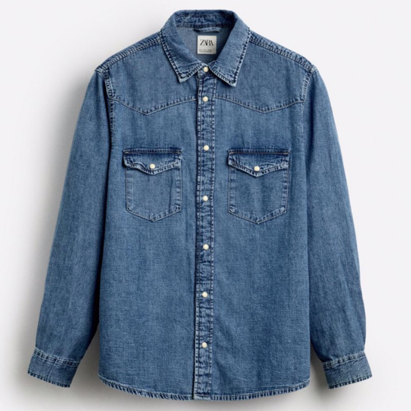ZARA Men Lightweight Denim Shirt Kemeja Pria Lengan Panjang Blue