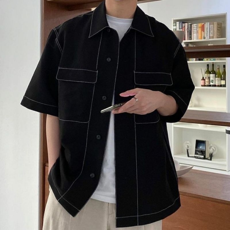 Kemeja Hitam Pria Lengan Pendek denim