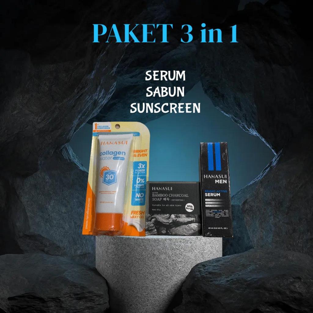 Paket Skincare Hanasui 3in1 Sabun,Serum dan sunscreen Ampuh Mencerahkan Dan Atasi Jerawat